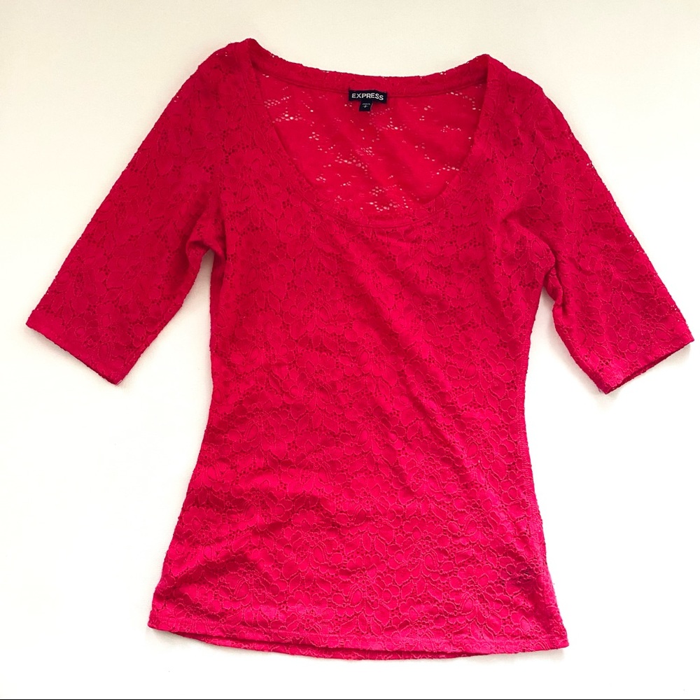 Express Hot Pink Floral Crochet Half Sleeve Top